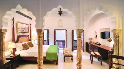 Beautifully restored guest room at Haveli Dharampura in Chandni Chowk Beautifully restored guest room at Haveli Dharampura in Chandni Chowk
